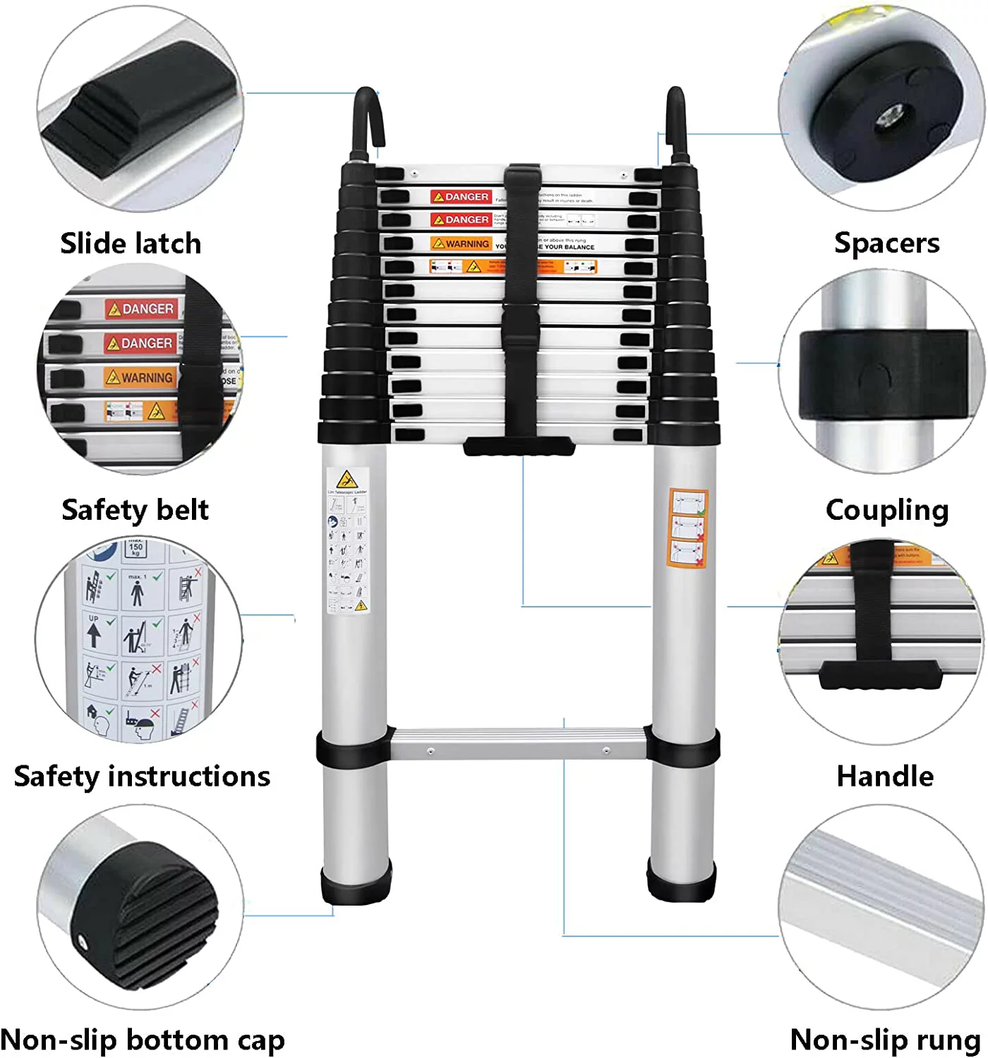 Telescoping Ladder 16FT Aluminum Telescopic Ladder with 2 Detachable Roof Hooks, Roof Ladder Extension Collapsible Ladder for RV
