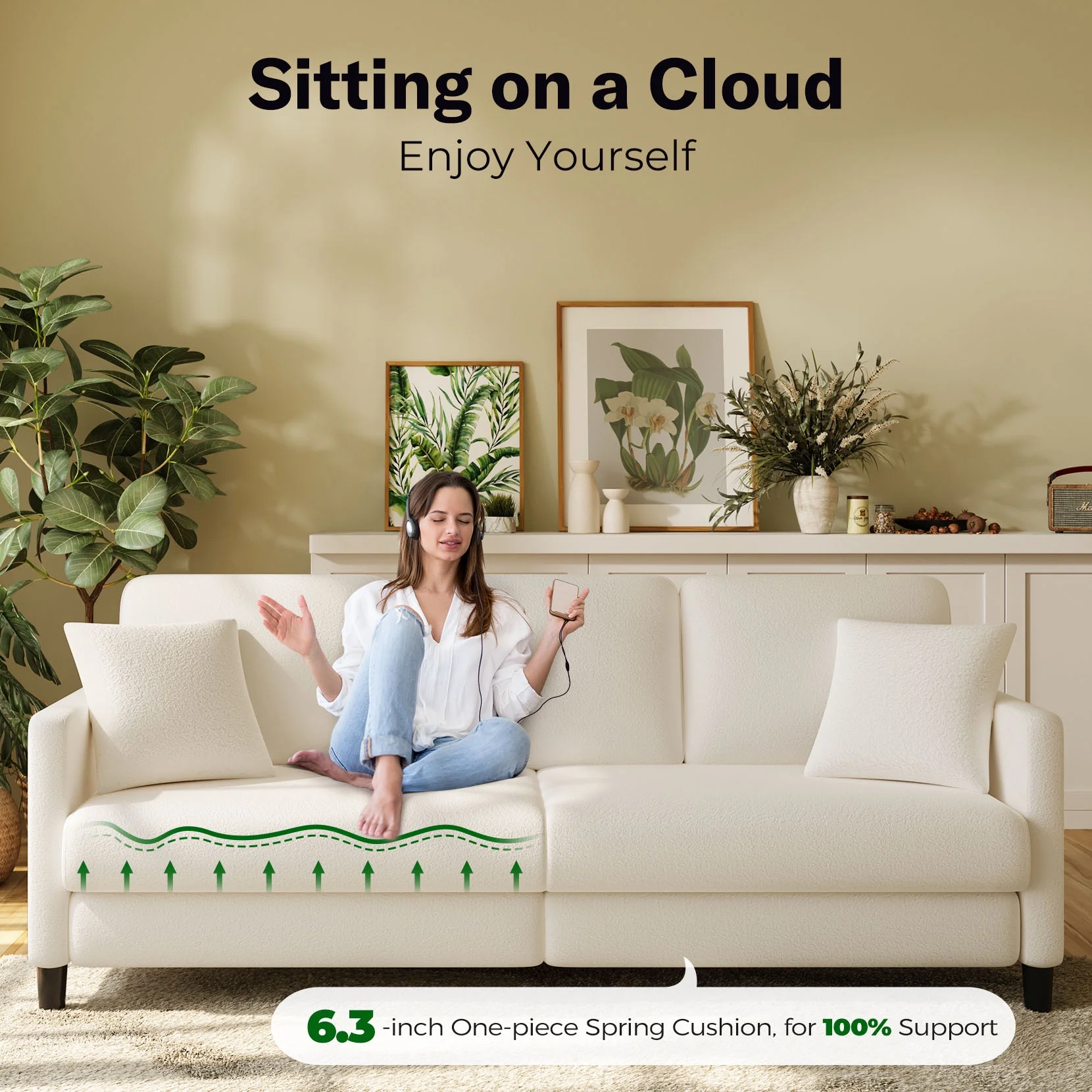 82.6" Velvet Sofa,3 Seater Upholstered Sofa with Extra Deep Seats,Soft Comfy Couch for living Room,2 Pillows,Off-White