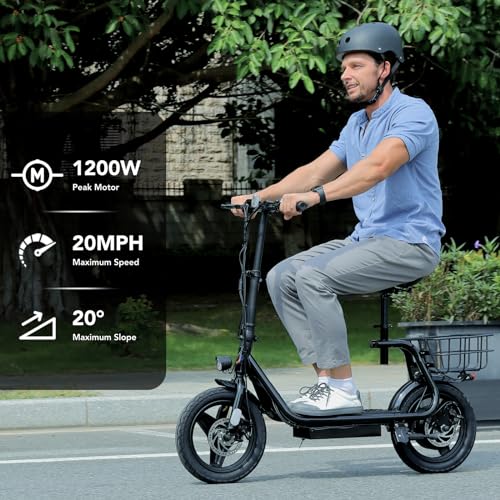 Caroma Peak 500W/800W/1200W Electric Scooter with Seat 14" Tire, 30 Miles Range 20MPH Max Speed, Foldable Electric Scooter for Adults 300 LBS Max Load
