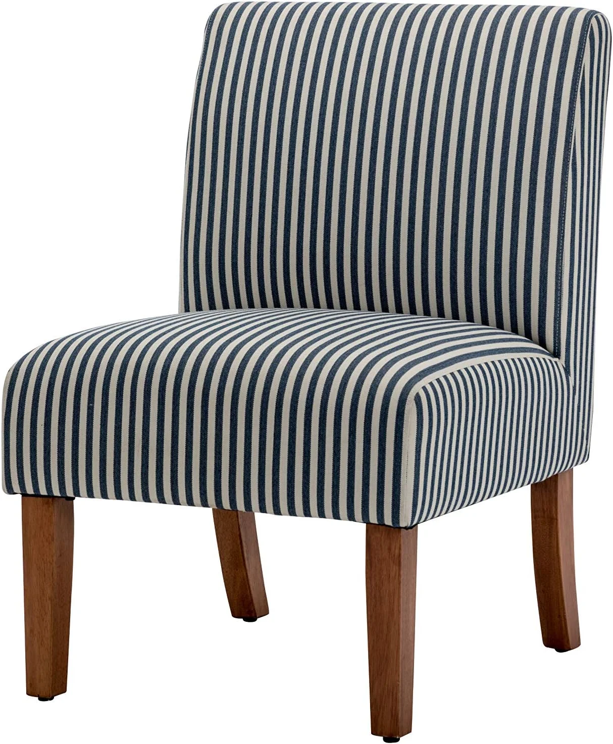 Classic Armless Slipper Accent Chair With Wood Legs, Navy And White Stripe Fabric