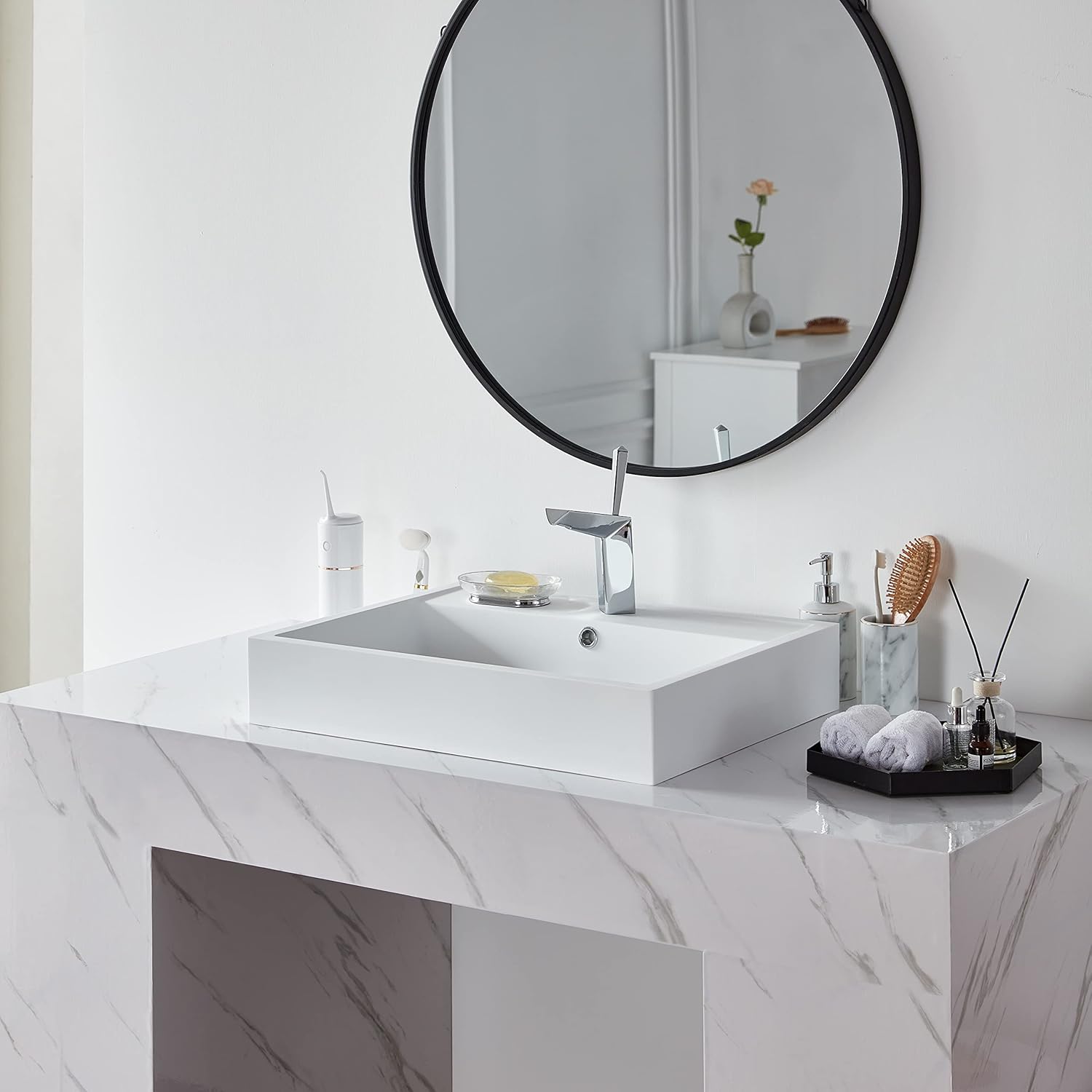 24"X19" Rectangle Vessel Sink with Faucet Hole,Matte White Bathroom Art Sink Above Counter with Overflow