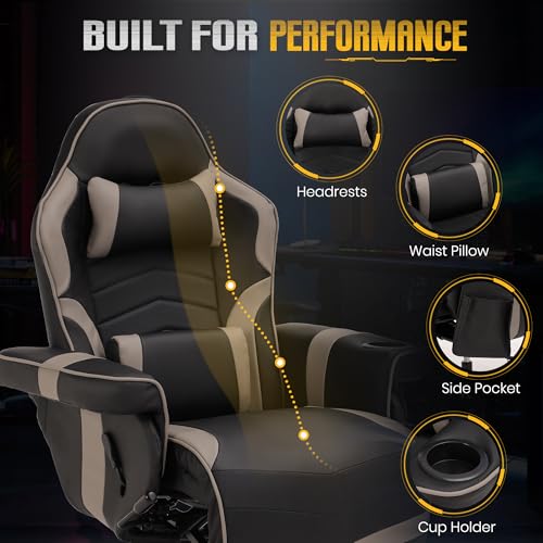 Massage Gaming Recliner Chair with Cup Holder & Side Pockets – Ergonomic PU Leather Video Gaming Chair with Footrest, Manual Recline