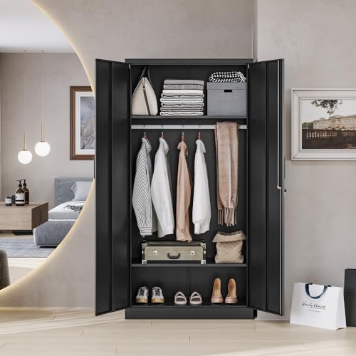 MIIIKO Steel Cabinet Wardrobe, Metal Locker Cabinet with Hanging Rod, Metal Clothing Locker Storage for Home, Office, Garage and Changing Room