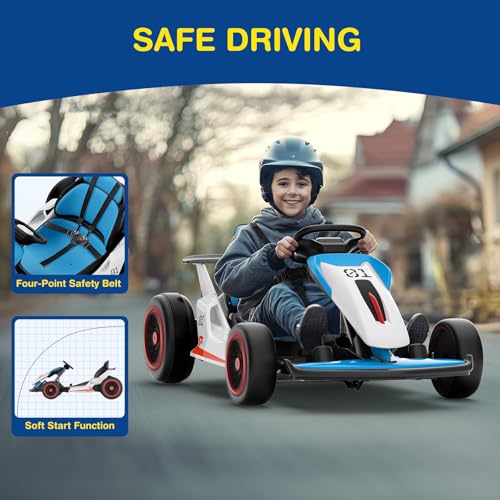 Planet X8 24V Electric Go Kart, 2x150W Drift Kart for Big Kids, 5-Point Safety Belt with Soft Start, Up to 8 MPH Racing Speed, 7AH Large Battery