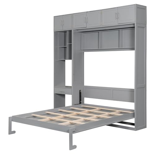 P PURLOVE Wood Twin Murphy Bed with Light and USB, Modern Wall Bed with Top Cabinet and Storage Shelves, Space Saving, No Box Spring Needed (Gray)