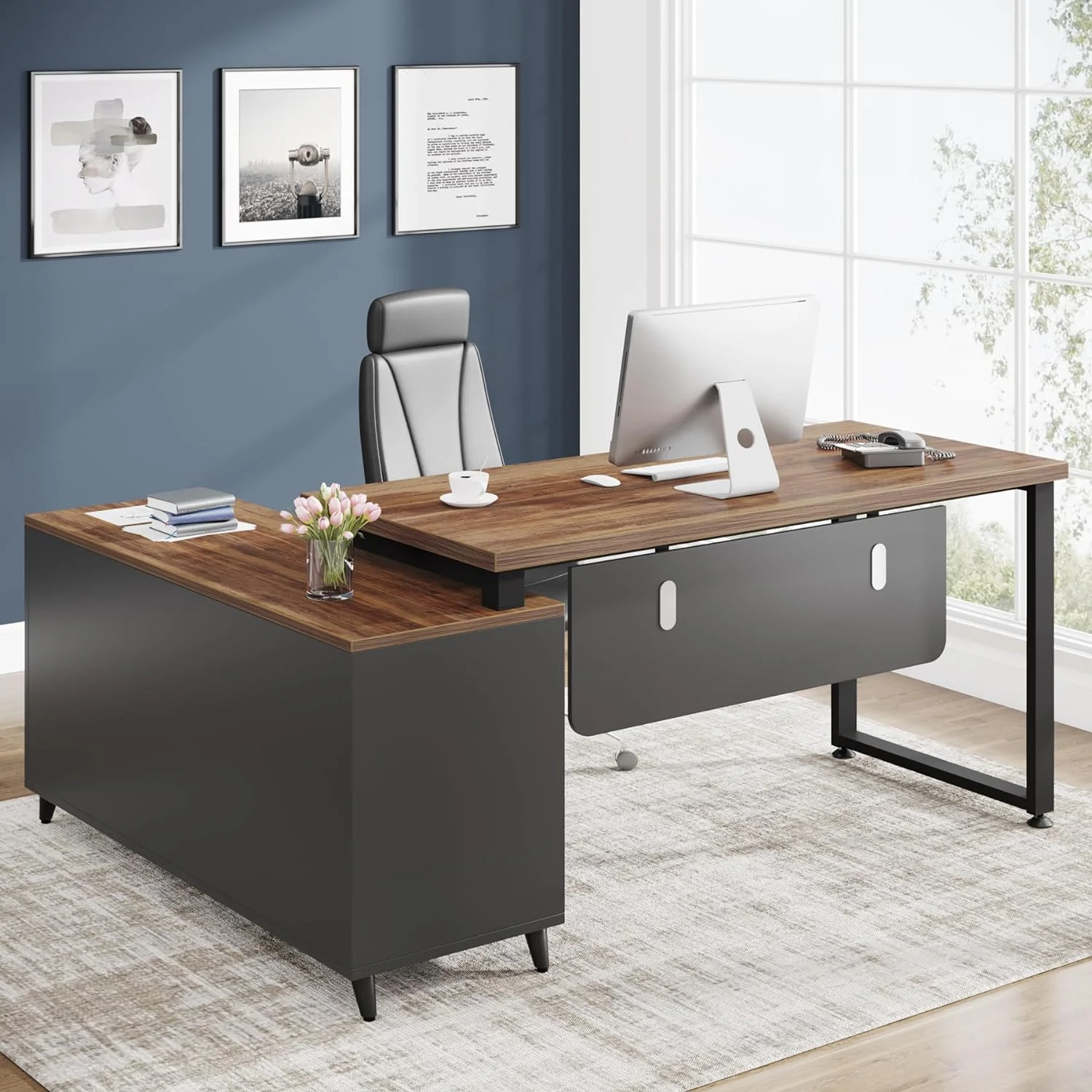 L Shaped Desk with File Drawer, 55 Inch Executive Office Desk with File Cabinet Storage Shelves