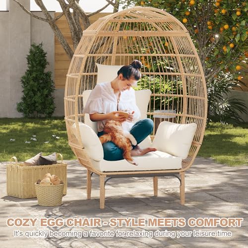 500 Lbs Capacity Oversized Wicker Egg Chair, All-Weather Rattan Egg Lounge Chairs for Patio, Backyard, Living Room