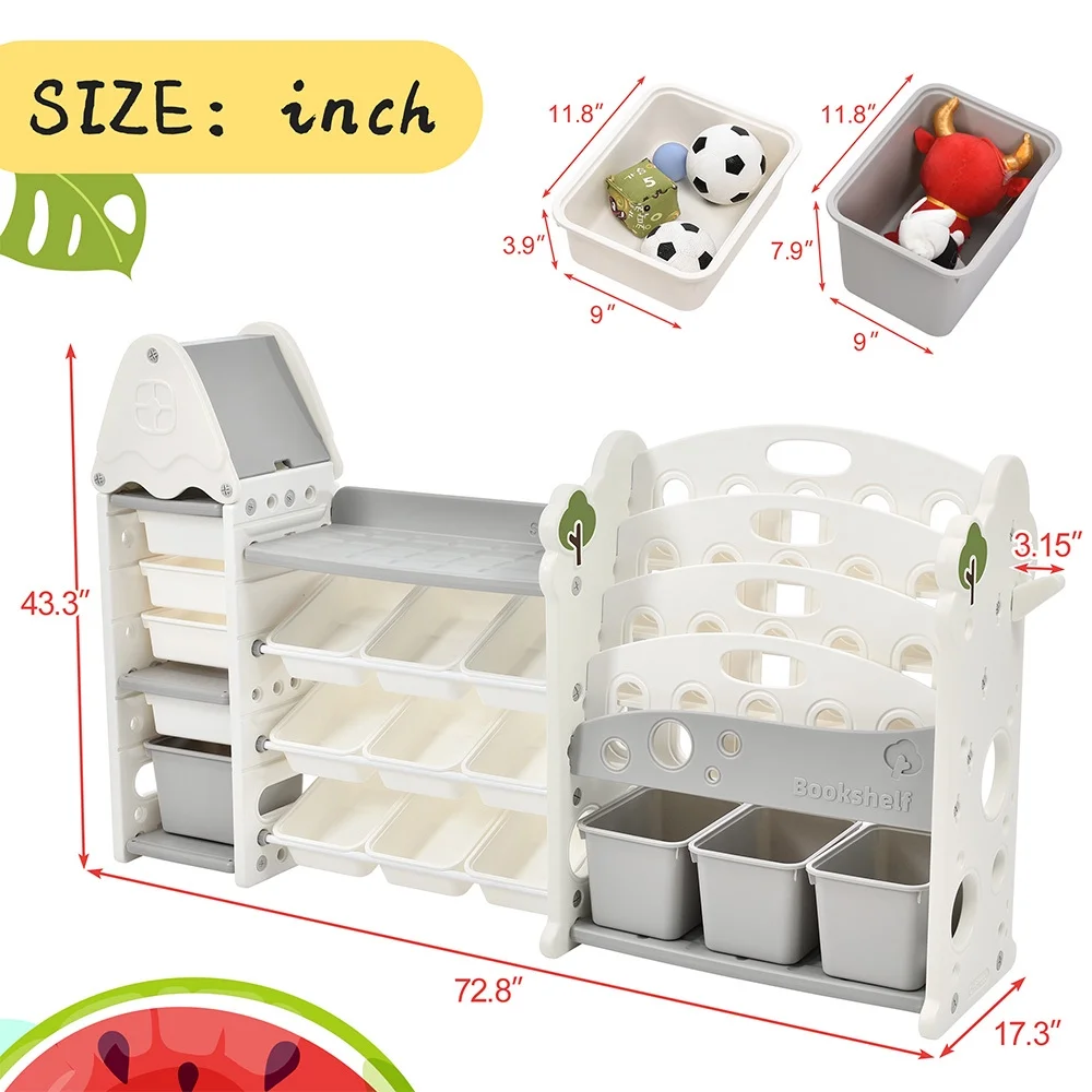 Kids Bookshelf Toy Storage Organizer, Multi-functional Nursery Organizer with 17 Bins and 4 Bookshelves