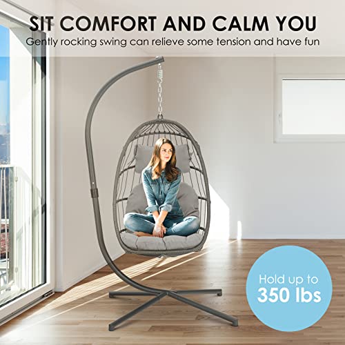 Brafab Hanging Egg Chair with Stand and Footrest, Wicker Egg Swing Chair Indoor Outdoor Aluminum-Steel Frame and UV Resistant Cushion