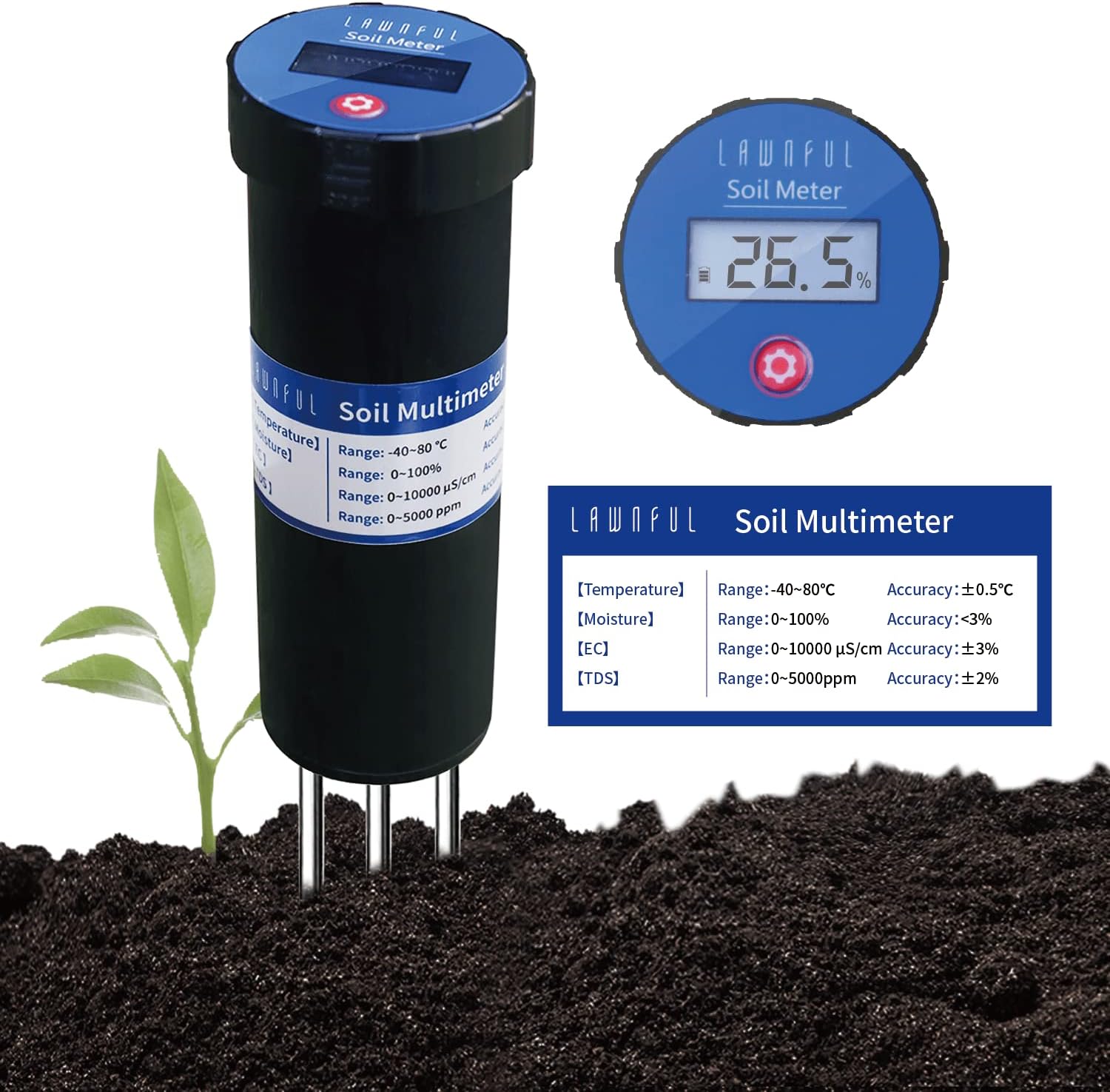 LAWNFUL 4-Way Soil Water Meter for Moisture/TDS/Conductivity/Temperature Test
