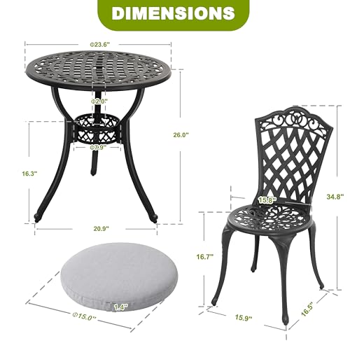 NUU GARDEN 3 Piece Bistro Set Outdoor, All Weather Cast Aluminum Patio Bistro Sets Patio Table and Chairs Set of 2 with Umbrella Hole for Yard
