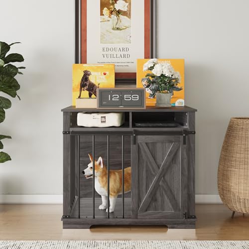 Aoowow Large Double Dog Crate Furniture 72.4" Indoor Dog Kennel with Sliding Barn Door and Divider