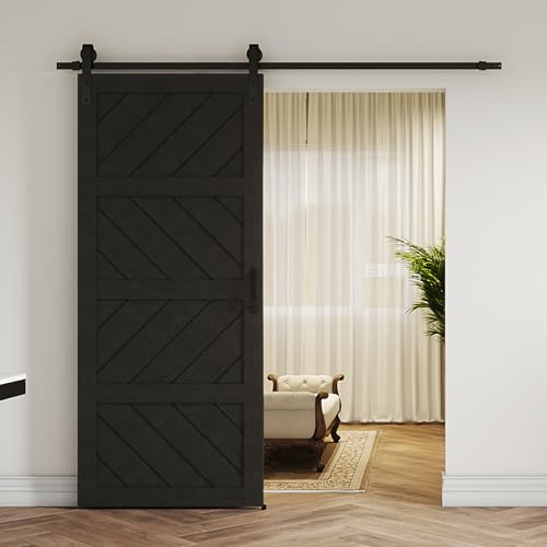 Sliding Barn Door 30”x84”, Black Barn Doors with Modern Paneled Wave Design, Complete Barn Door Set, Waterproof PVC Surface