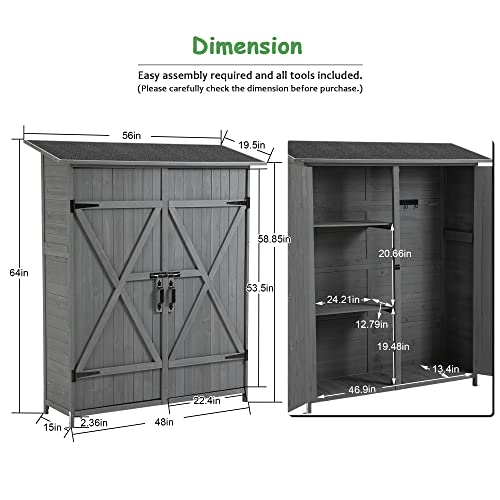 Outdoor Storage Cabinet, Outside Wood Shed with Waterproof Roof & Detachable Shelves & Double Locks, Vertical Tool Storage Box for Patio, Garden