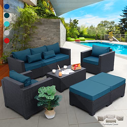 Rattaner Patio Wicker Furniture Set 6 Pieces Outdoor HDPE Wicker Conversation Couch Sectional Chair Sofa Set with Grey Cushions