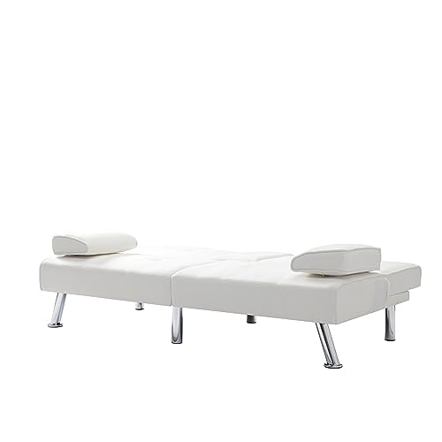 Synthetic Leather Cushion Modern Convertible futon, Adjustable Folding Sofa Bed, Guest Room Bed with Detachable armrests, Two Cup Holders