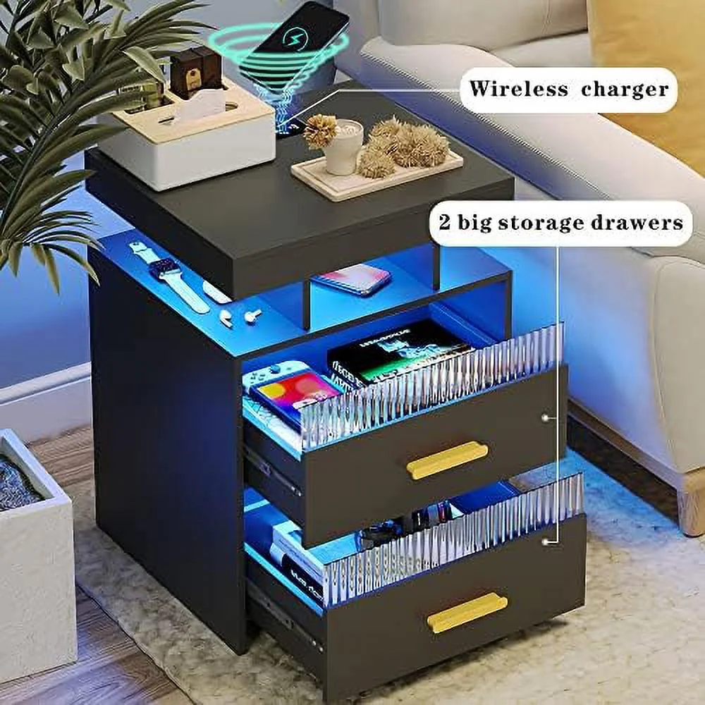 Nightstands Set of 2 with Charging Station  Smart Beside Table with 2 Drawers &amp; Touch Control LED Lights