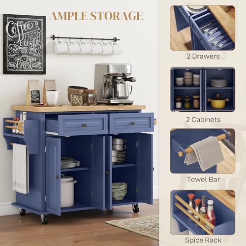HOMCOM Kitchen Island on Wheels, Rolling Cart with Rubberwood Top, Spice Rack, Towel Rack and Drawers for Dining Room, Navy Blue
