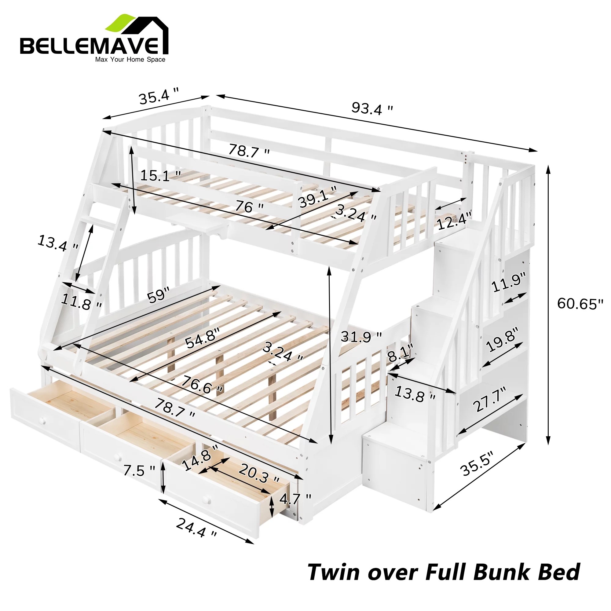 BELLEMAVE Twin over Full Bunk Bed with there drawer, bulid in ladder and storage stairs, Convertible into 2 beds