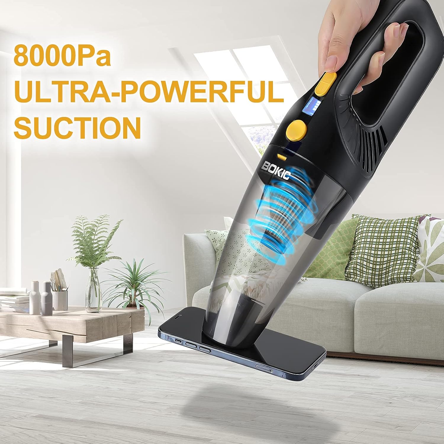 BOKIC Car Vacuum Cleaner Cordless, Cord-Free Handheld Vacuum Rechargeable, Portable High Power 8000Pa