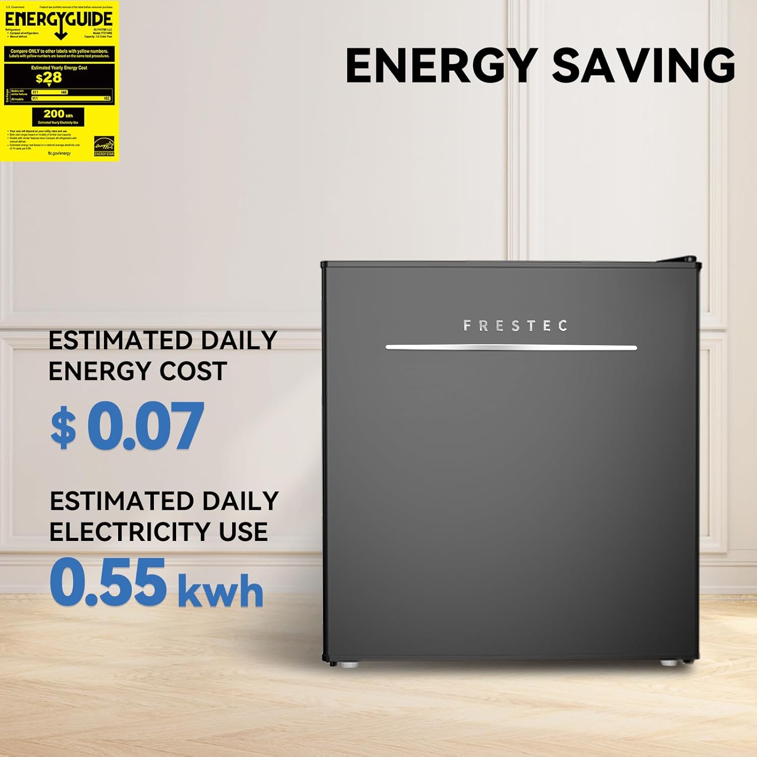 Frestec 1.6 Cu.Ft Mini Fridge with freezer, Compact Refrigerator with Freezer, 6 Adjustable Temperature, 37 dB Low Noise, Reversible Door