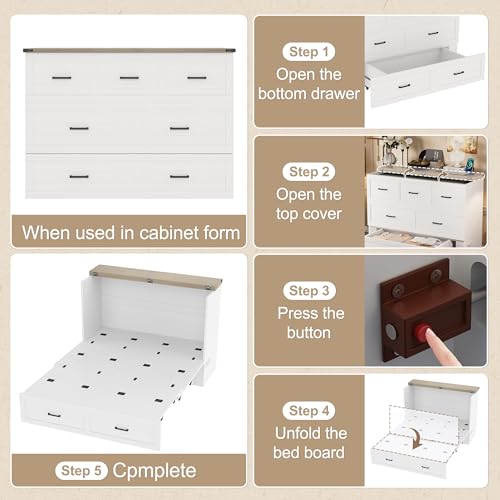 Queen Size Murphy Bed Cabinet with Charging Station, Farmhouse Murphy Bed with Large Storage Drawer, Foldable Wall Beds for Home Office, Small Room