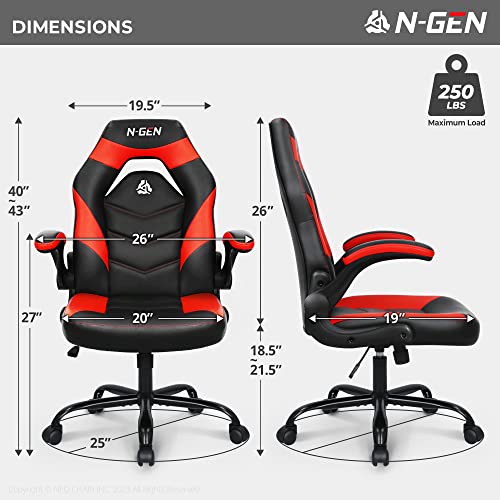 N-GEN Video Gaming Computer Chair Ergonomic Office Chair Desk Chair with Lumbar Support Flip Up Arms Adjustable Height Swivel PU Leather Executive