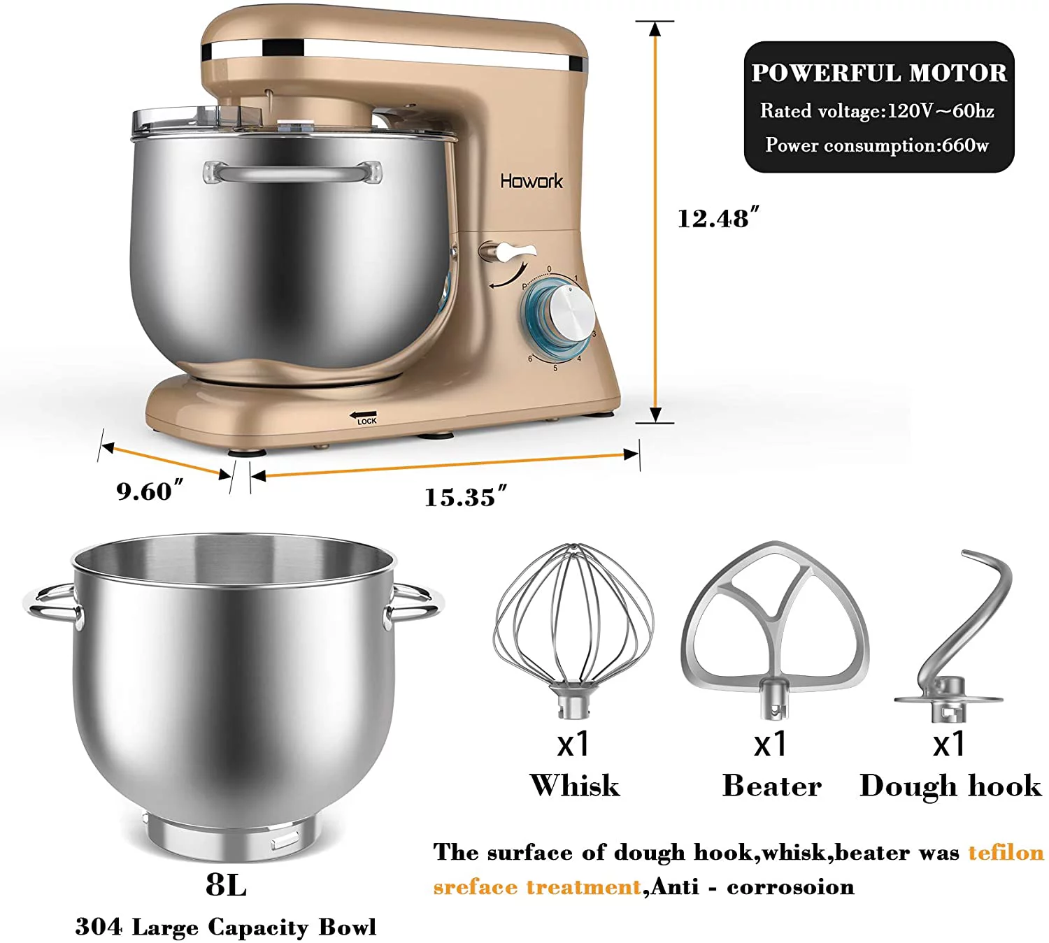 HOWORK Stand Mixer, 8.45 QT Bowl 660W Food Mixer, Multi Functional Kitchen Electric Mixer With Dough Hook, Whisk, Beater (8.45 QT, Champagne Gold)