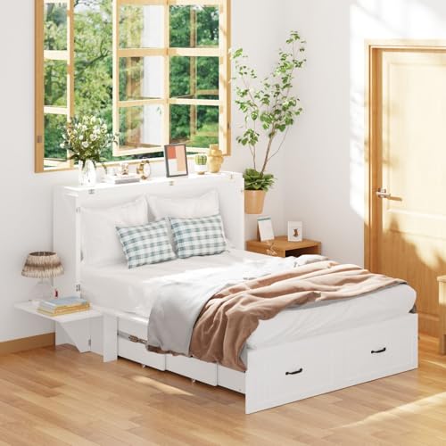 FAMAPY Twin Murphy Bed with Built-in Charging Station, Space-Saving Murphy Bed Chest Twin with Drawer, Foldable