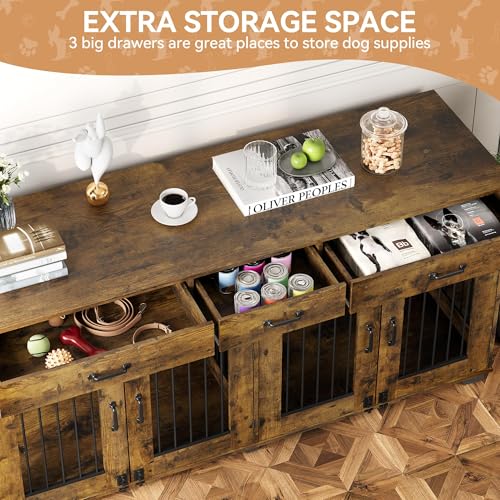 Dog Crate Furniture for 2 Dogs, 71'' XXL Indoor Dog Kennel with 3 Drawers and Removable Room Divider