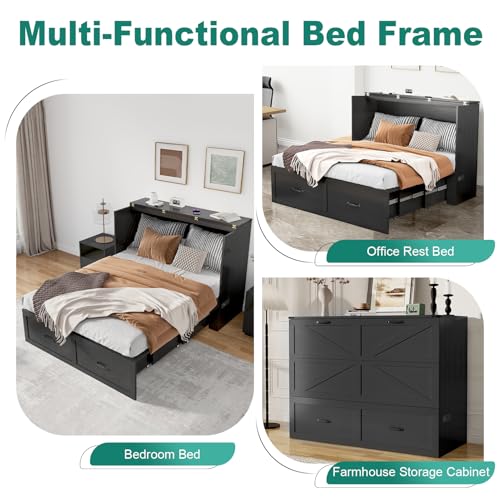 Full Size Murphy Chest Bed with Drawer and Charging Station, Farmhouse Wood Space-Saving Hidden Folding Bed Chest