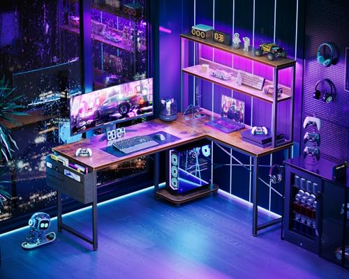AODK L Shaped Desk Gaming Desk with LED Light & Power Outlet