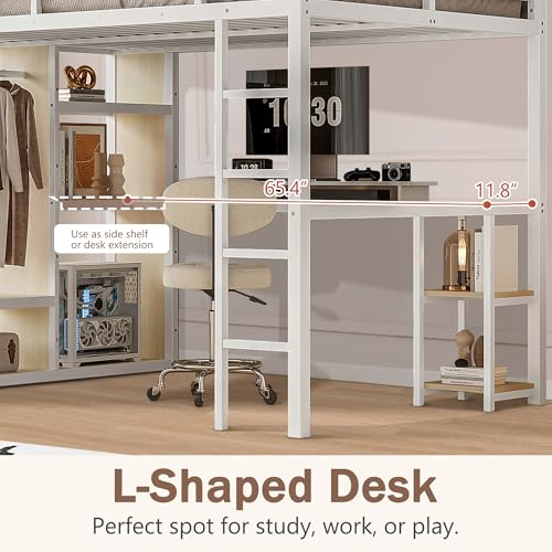 Queen Heavy Duty Metal Loft Bed with L-Shaped Desk, Wardrobe & 5 Storage Shelves – Space-Saving Design for Kids, Teens, Adults – CPC Certified
