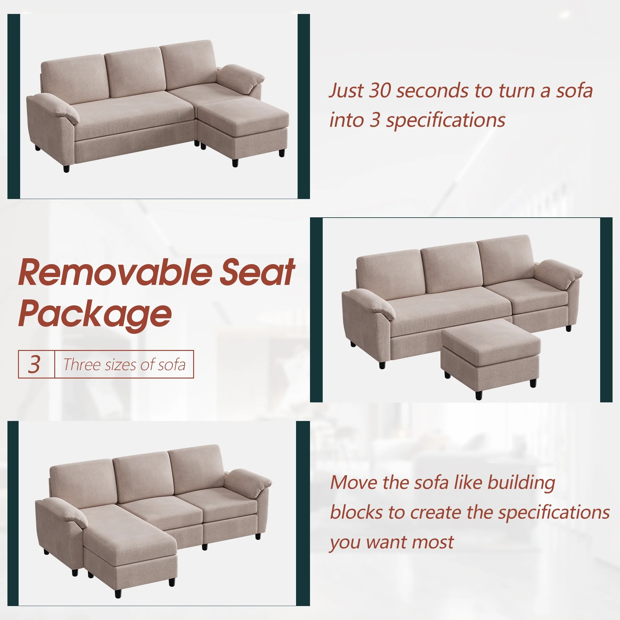 Walsunny 79 Convertible Sectional Sofa Couch,Linen Fabric L Shaped Sofa with Removable Pillows Dark Gray