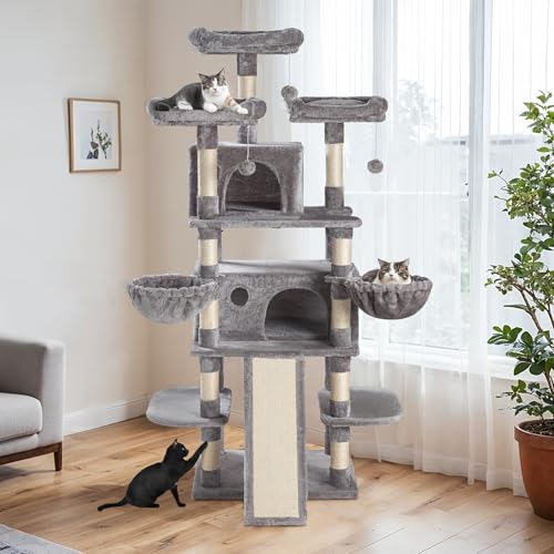 HOOMIC 68-Inch Multi-Level Cat Tree Tower for Large Cats/Cat Condo/Cozy Plush Cat Perches/Sisal Scratching Posts/Baskets/Wide Base Board/Cat Activity