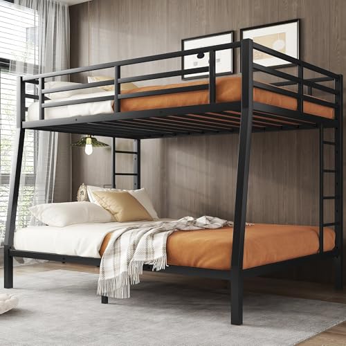 Heavy Duty Bunk Bed Frame with Ladder, Twin XL Over Twin XL Bunk Beds with Safety Guardrails, Adults Bunk Beds with Noise-Reducing Rubber Stoppers