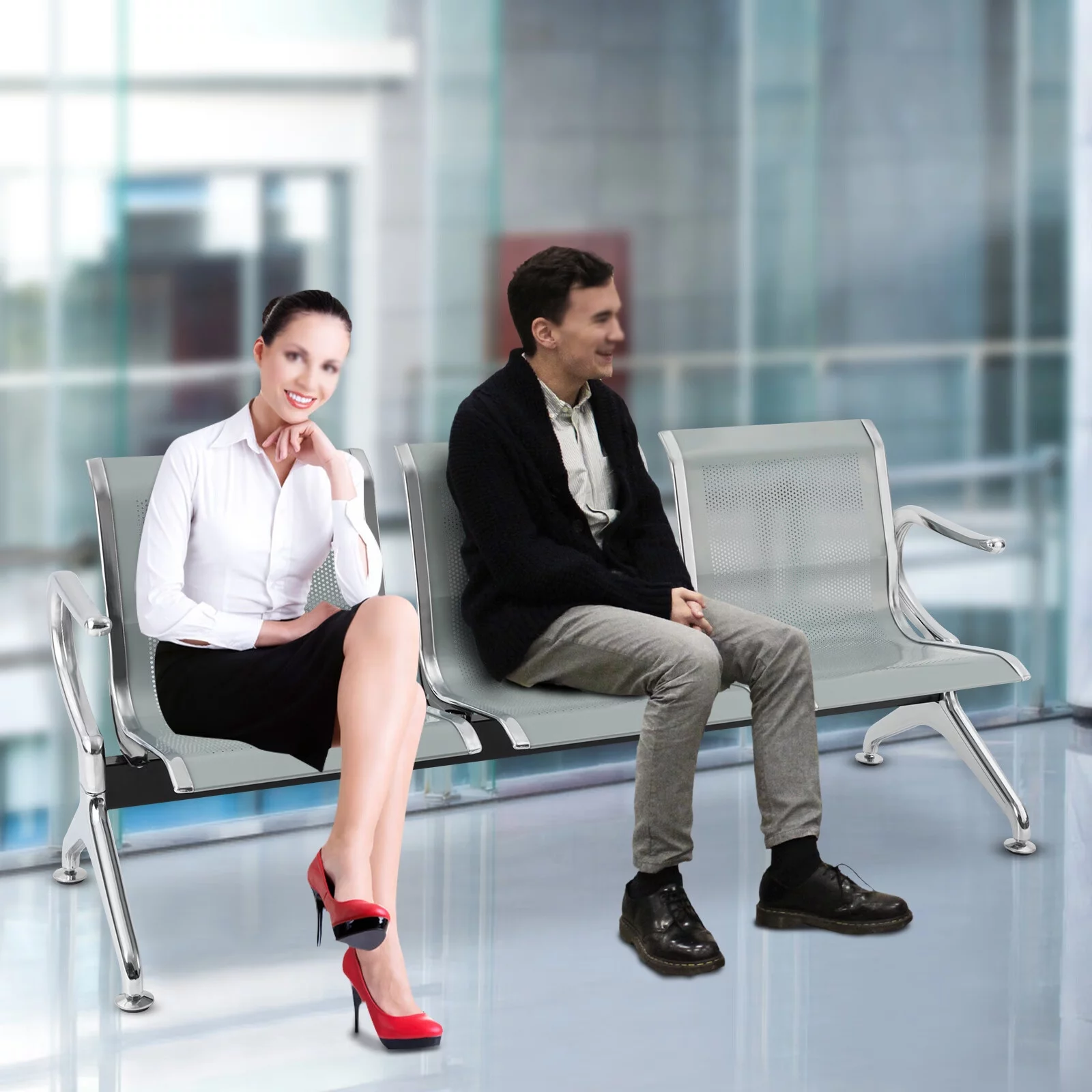 Aiqidi 3-Seat Waiting Room Chair with Arms Airport Reception Bench Guest Chair for Office Business Hospital Bank Market Silver