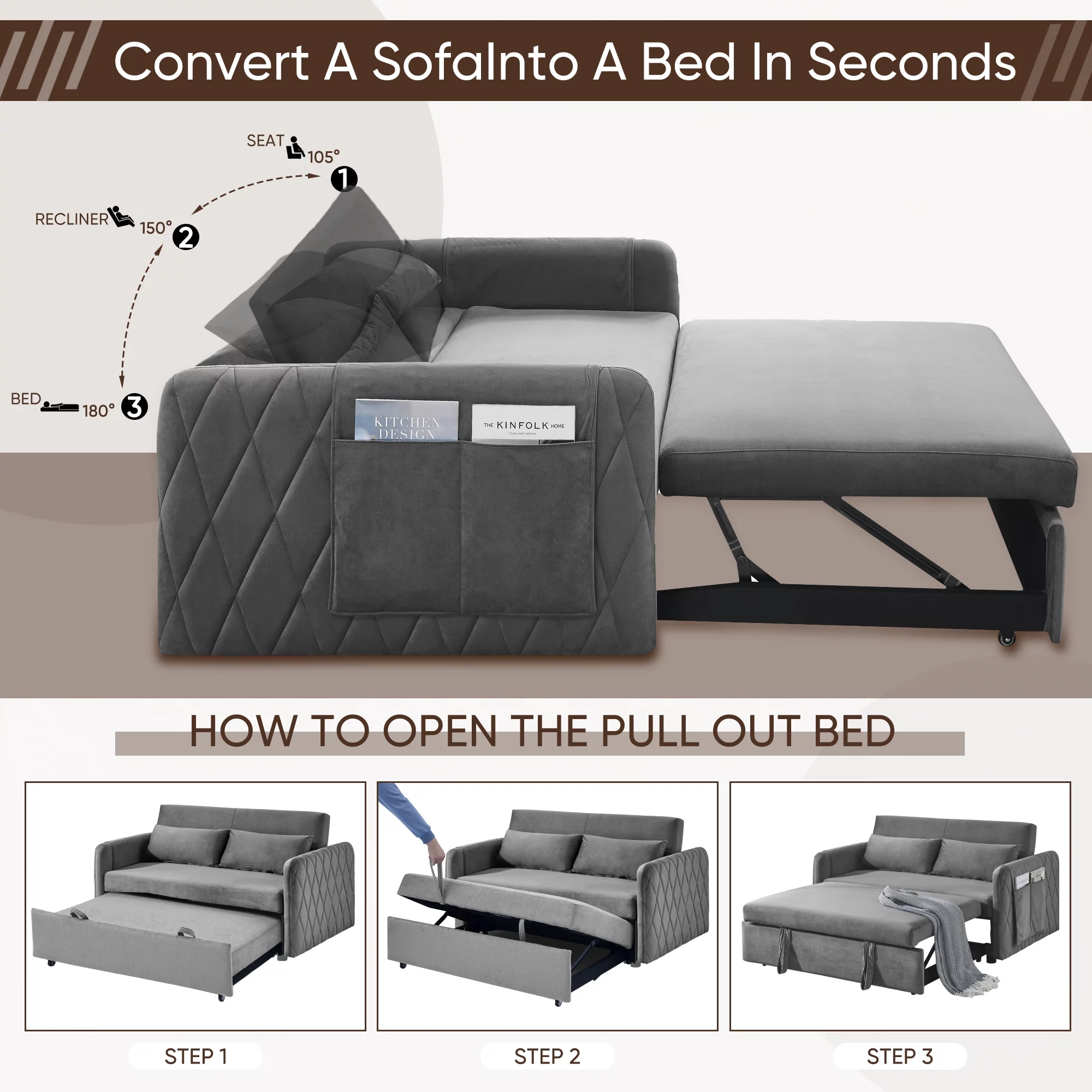 KINFFICT Futon Sofa Bed, Modern 2-Seat Loveseat Sleeper, Pull Out Sofa Bed for Living Room, Gray - Radiant Selections