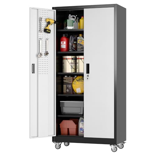 Aobabo Garage Storage Cabinet with Wheels,72" H Metal Storage Cabinet with 2 Doors and 4 Adjustable Shelves for Garage Home, Black,Required-Assembly