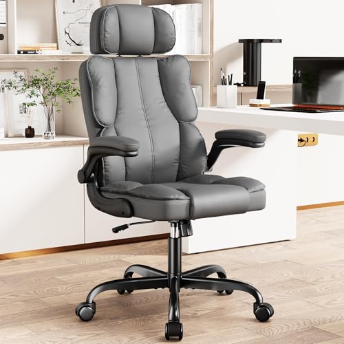 Executive Leather Office Chair, Computer Chair with Thick Cushion & Lumbar Support, Ergonomic Desk Chair with Adjustable Headrest & Armrests,Black