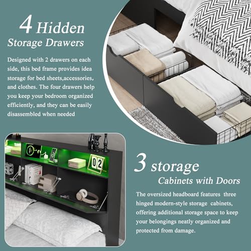 Queen Bed Frame with 47" Storage Headboard, Queen Size Wood Bed Frame with 4 Storage Drawers, Built-in Charging Station & LED, Solid Wood Slats