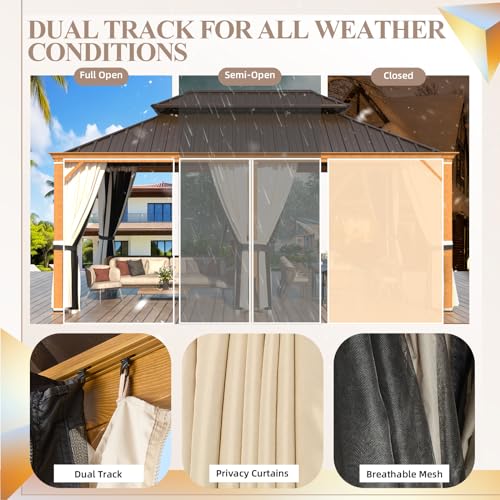 YOLENY 10' x 12' Hardtop Gazebo, Metal Gazebo with Aluminum Frame, Double Galvanized Steel Roof, Curtains and Netting Included