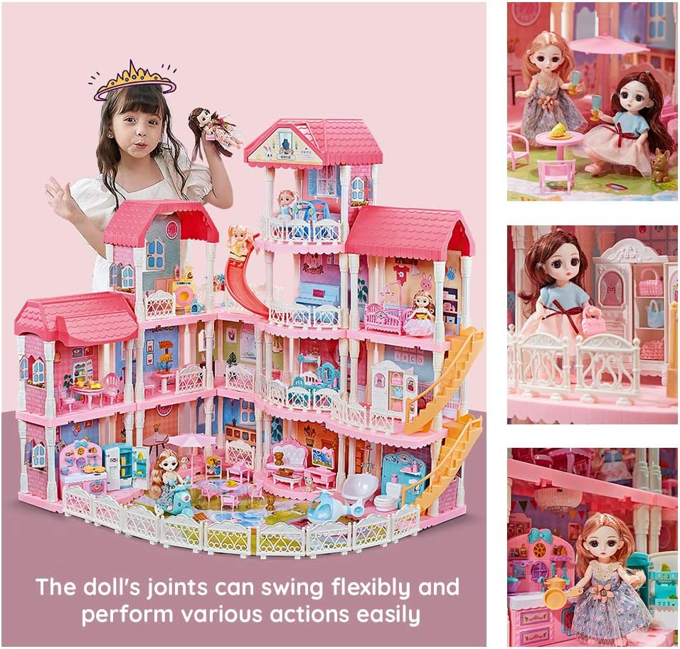 Dollhouse with Furniture Accessories 15 Rooms Pretend Play Doll House Pink Dreamhouse Movable Slides Stairs Pet & Dolls& Led Lights for Toddlers 1:12