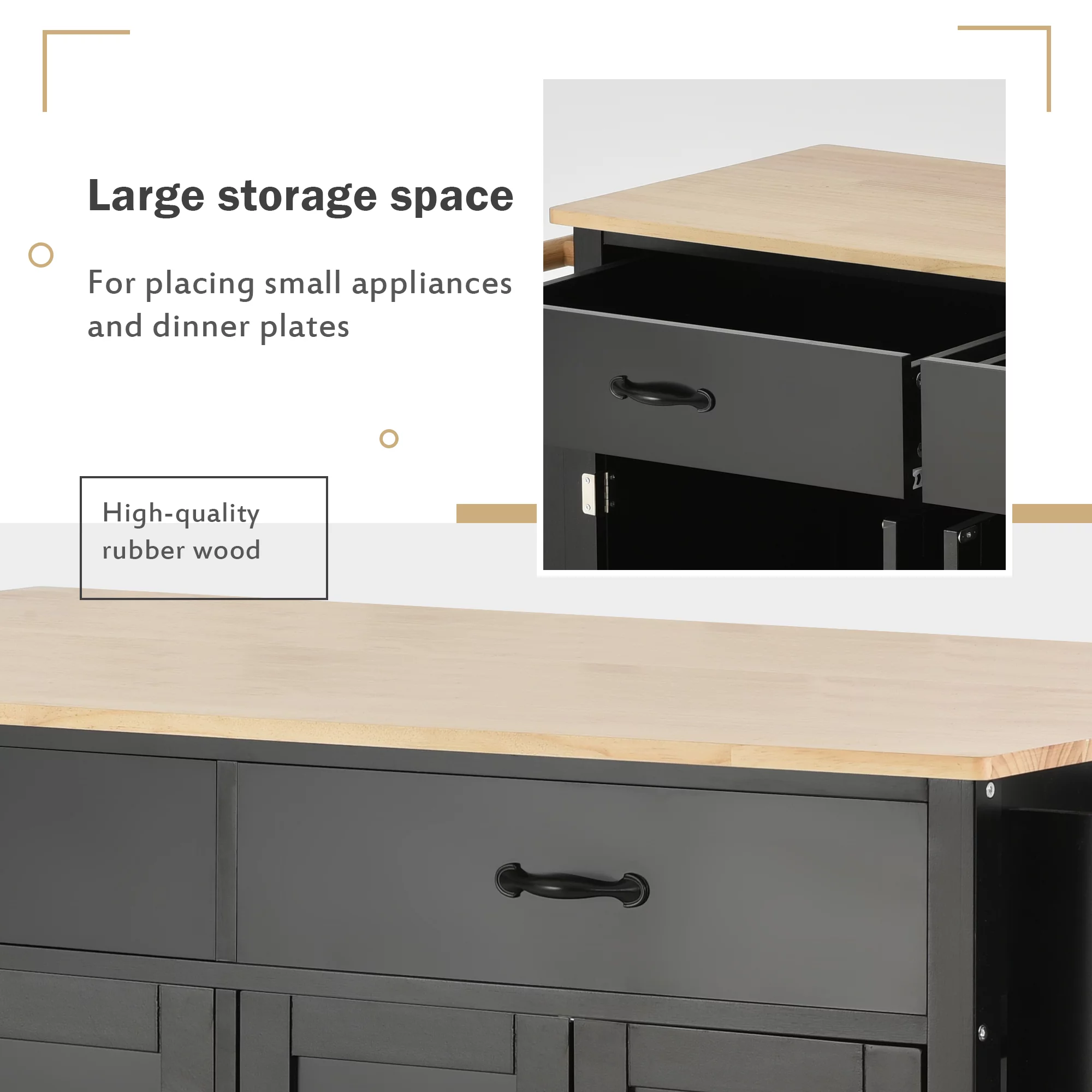 Movable Kitchen Island Cart, Storage Cart with 4-Door Cabinets and 2 Drawers, Modern Wood Kitchen Storage Cart with 2 Lockable Wheels