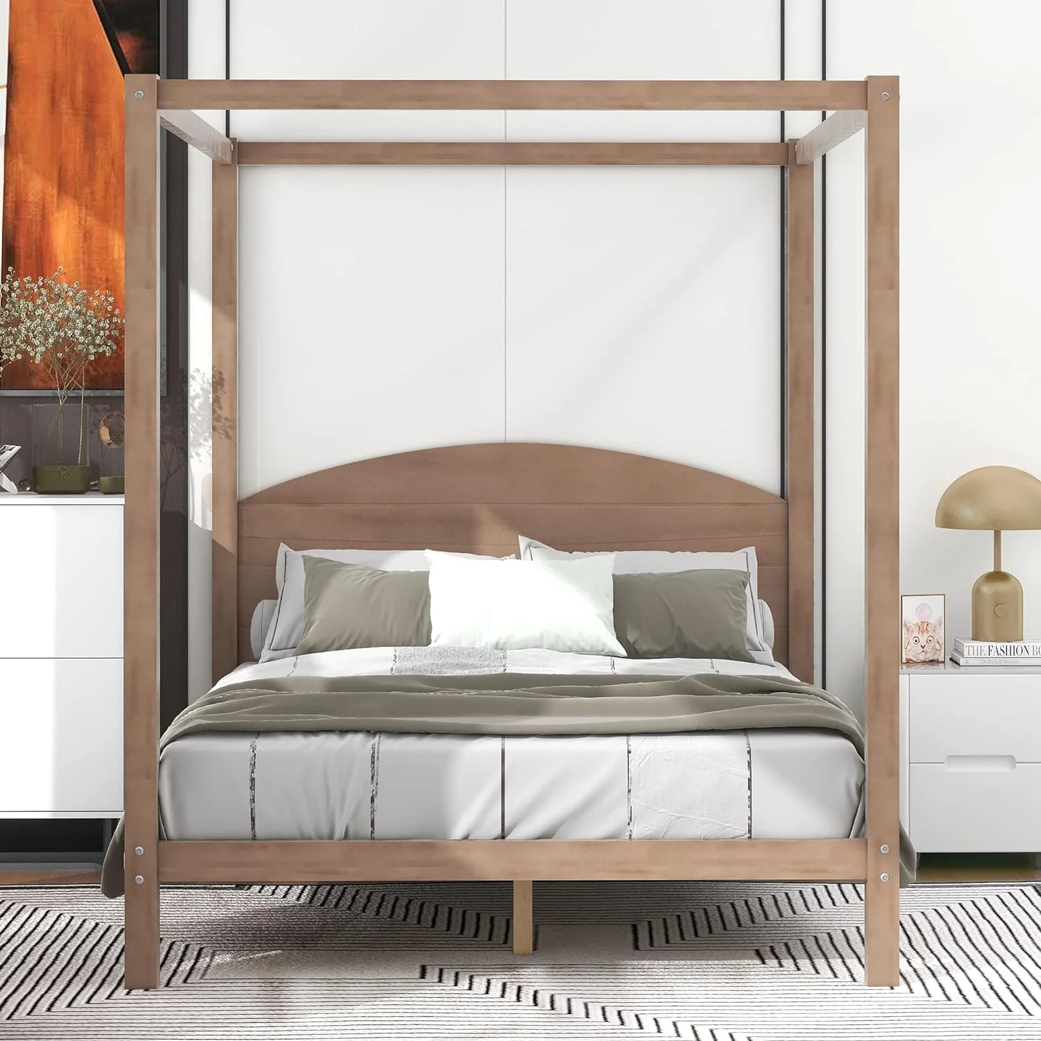 Queen Canopy Bed With Headboard And Slat Support, 4-Post Canopy Bed Queen Size, Wood Queen Platform Bed Frame For Kids Teens Adults