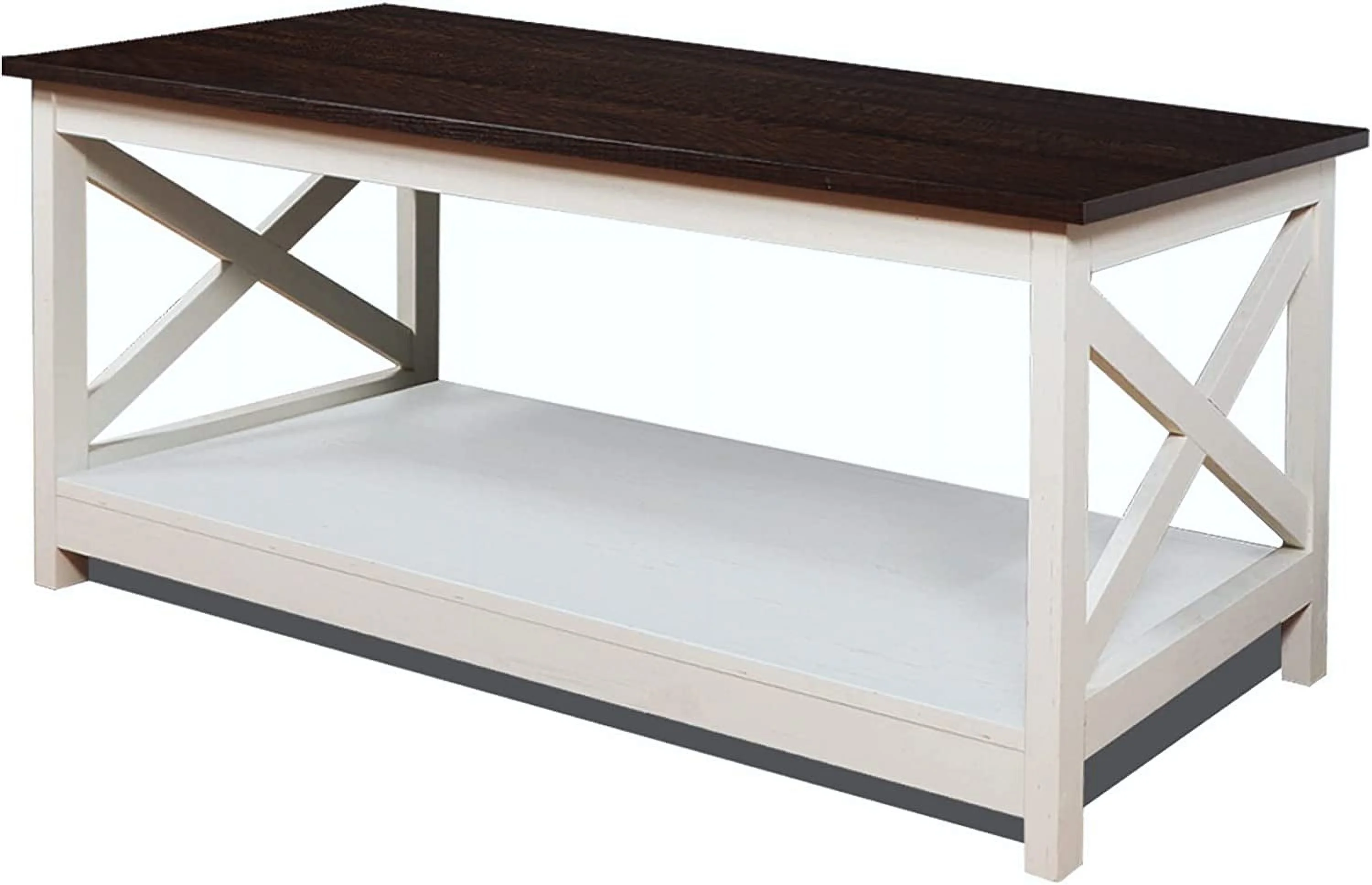 Coffee Table, Modern Farmhouse Wood Coffee Table with 2-Tier Storage, 40 Inch, Vintage White/Espresso