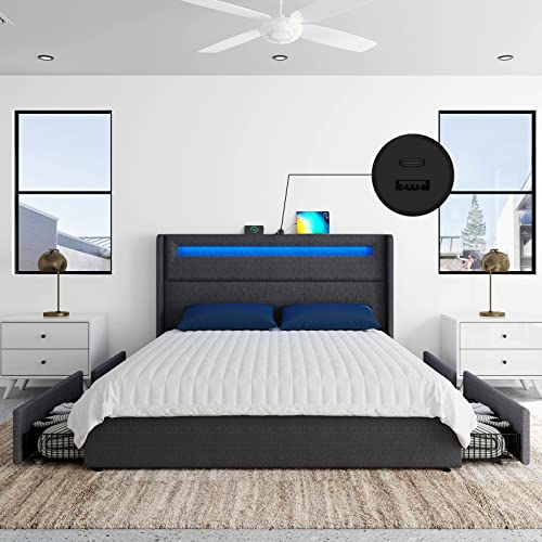 Queen LED Bed Frame with Wingback Headboard, Upholstered Platform Bed with 4 Storage Drawers & Charging Station, App/Remote Control