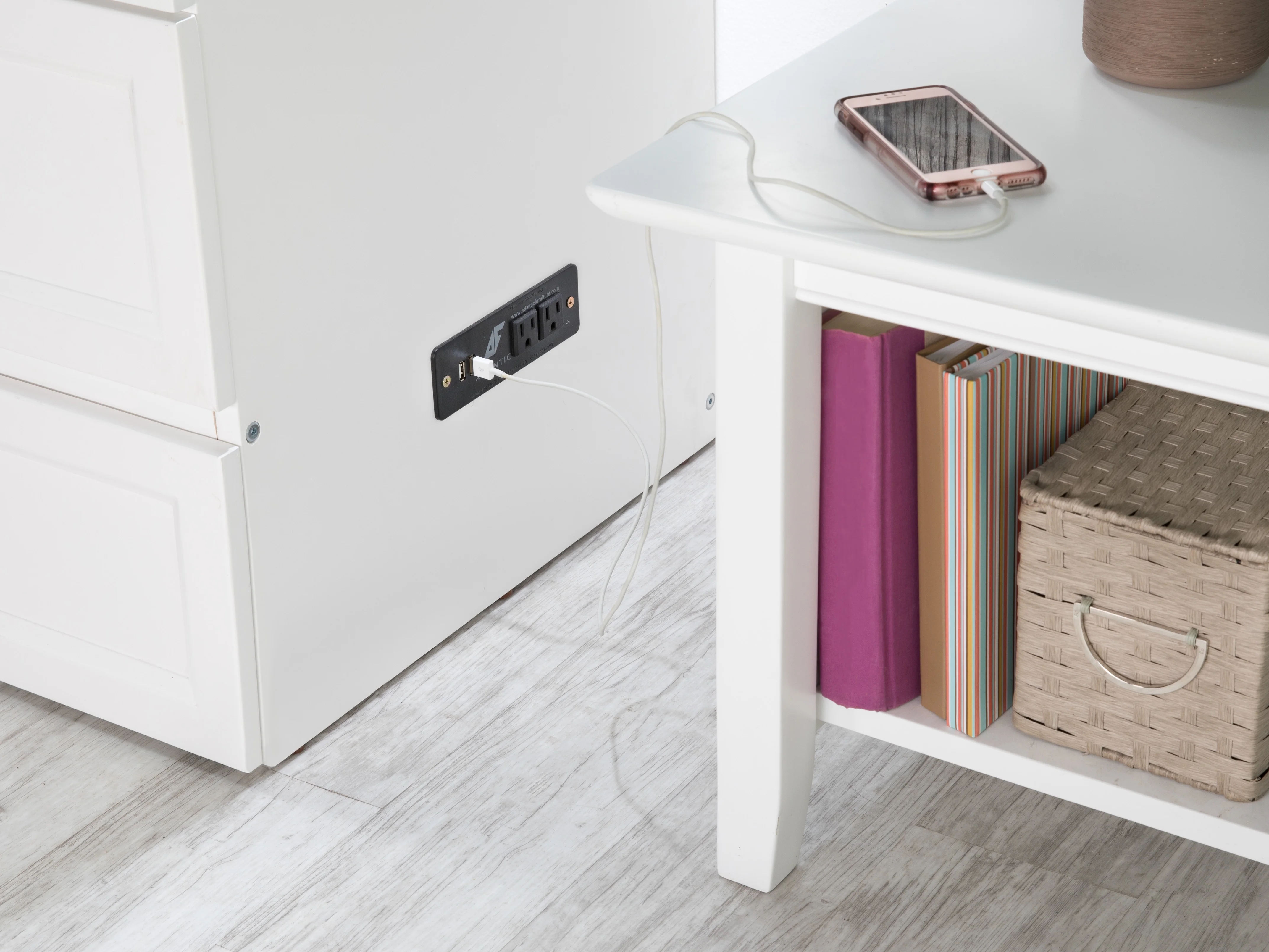 AFI Deerfield Queen Solid Wood Murphy Bed Chest with Mattress, Drawer & Charger in White