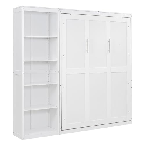 Harper & Bright Designs Full Size Murphy Bed Wall Bed with Storage Shelves, Drawers and LED Lights