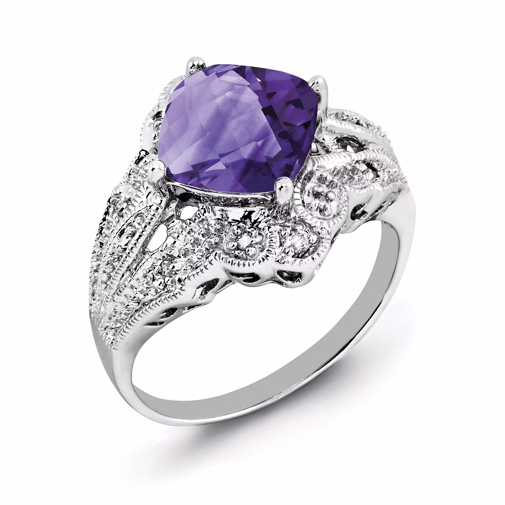 Sterling Silver Cushion Amethyst & Diamond Ring. Gem Wt- 3ct